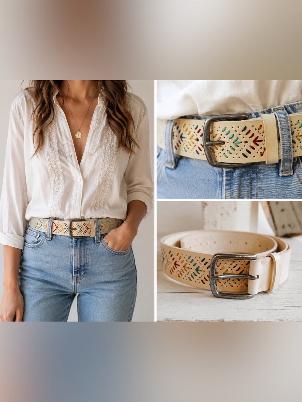 Puntiolita Barcelona Spain White Leather Embroidered Boho Belt Size M L